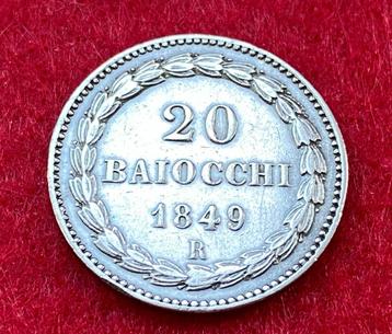 Zeldzame oude zilveren munt van 20 Baiocchi uit 1849 R beschikbaar voor biedingen