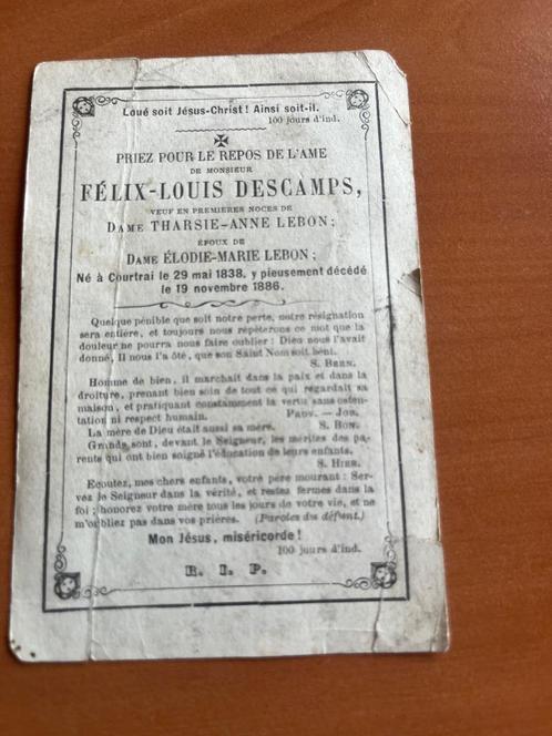 Rouwkaart F. Descamps  Courtrai 1838 + 1896, Verzamelen, Bidprentjes en Rouwkaarten, Rouwkaart, Verzenden