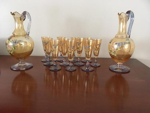 Vintage karaffen en glaasjes handgeblazen en handgeschilderd, Antiek en Kunst, Antiek | Glaswerk en Kristal, Ophalen