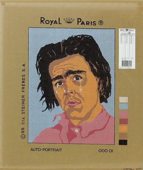 Wim Delvoye, Zelfportret, 1989, zeefdruk op borduurwerk, Antiek en Kunst, Kunst | Litho's en Zeefdrukken, Ophalen