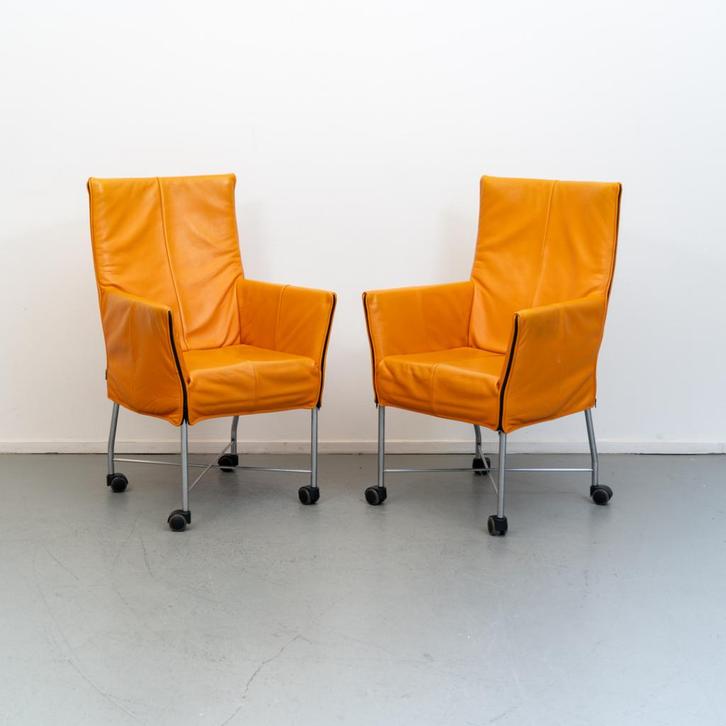 4 Prachtige Montis Chaplin stoelen in oranje (/oker) leder, Huis en Inrichting, Zetels | Voetbanken en poefs