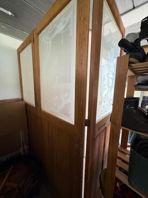 3 houten antieke deuren  met geëtst glas, Doe-het-zelf en Bouw, Deuren en Vliegenramen, Gebruikt, Binnendeur, Glas, Hout, Ophalen
