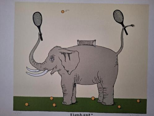 Leuke zeefdruk Olifant die tennis speelt door Jiri Sliva, Antiek en Kunst, Kunst | Litho's en Zeefdrukken, Ophalen of Verzenden