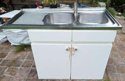 Oude dubbele keukenspoelbak inox met kraan, Huis en Inrichting, Keuken | Keukenelementen, Gebruikt, Ophalen