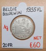 20FR  1955 VLAAMS   BOUDEWIJN   BELGIE   RAAR   € 60, Zilver, Ophalen of Verzenden, Losse munt, Zilver