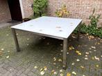 Table de jardin en verre blanc et inox, Tuin en Terras, Tuintafels, Ophalen, Gebruikt, Vierkant, Rvs