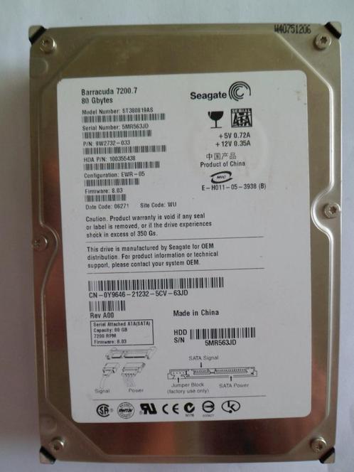Harde Schijf Seagate 80GB, 8MB Cache, 3.5Inch, 7200RPM, Computers en Software, Harde schijven, Gebruikt, Intern, HDD, SATA, Ophalen of Verzenden