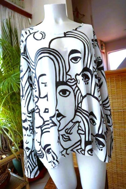 wit zwart vintege dressing faces T-shirt, Kleding | Dames, T-shirts, Zo goed als nieuw, Maat 46/48 (XL) of groter, Wit, Lange mouw