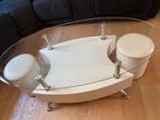Ovalen glazen salontafel met schuifje en 2 krukjes, Ophalen, Gebruikt, 100 tot 150 cm, 50 tot 75 cm