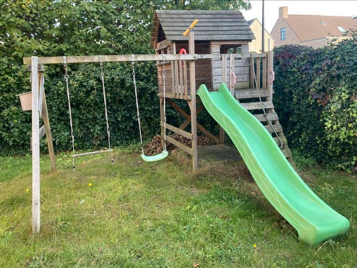 Speelhuisje met glijbaan, schommel en zandbak, Kinderen en Baby's, Speelgoed | Buiten | Speeltoestellen, Gebruikt, Glijbaan, Klimtouw