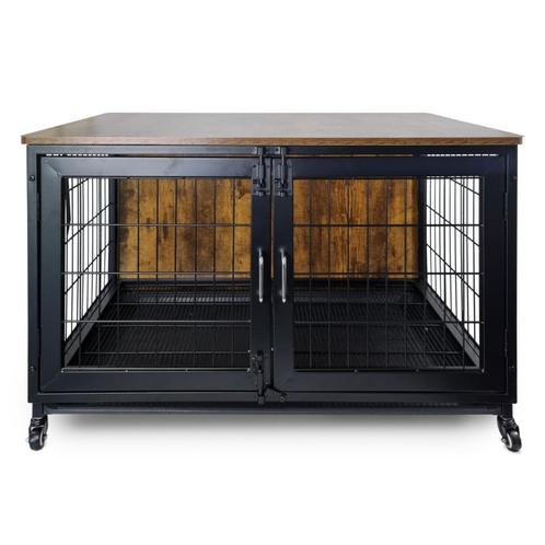 Metalen Hondenbench met Houten Cover - Vintage - Zwart Bruin, Dieren en Toebehoren, Honden-accessoires, Nieuw, Ophalen of Verzenden