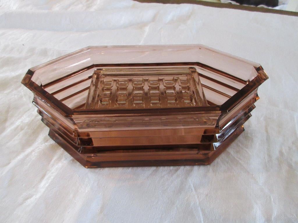 Vase pique fleur art déco en verre épais rose vintage, Antiquités & Art, Enlèvement