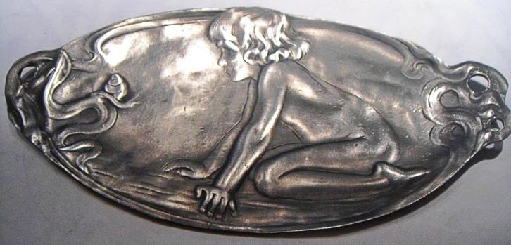 Plateau de service étain (90%) ovale enfant escargot, 27 cm, Antiek en Kunst, Antiek | Tin, Ophalen of Verzenden