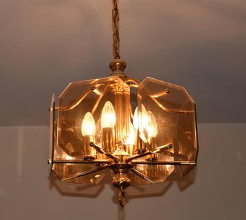 Lustre en laiton et verre 6 douilles 40cm, Enlèvement, Utilisé, Métal, Klassiek