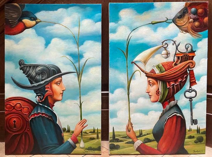 Tweeluik “Lucht” en “Water” door Boris Shapiro, Antiek en Kunst, Kunst | Schilderijen | Klassiek, Ophalen of Verzenden