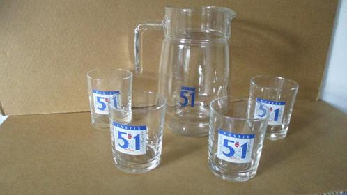 Vintage Pernod Pastis 51-waterkan met 4 glazen, Verzamelen, Glas en Drinkglazen, Nieuw, Borrel- of Shotglas, Ophalen
