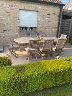 Teak tuinset : tafel + 8 stoelen + bijhorende kussens, Ophalen, Gebruikt, Tuinset