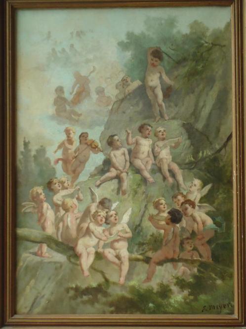 EMILE MEYER °1823-1893 olie/doek angelots koor engelen putti, Antiek en Kunst, Kunst | Schilderijen | Klassiek, Ophalen
