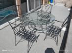 Table ronde vitrée 130 cm diamètre+ 4 chaises fer forgé, Ophalen