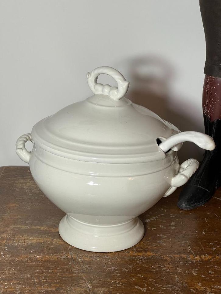 Antieke witte soepterinne met deksel & pollepel BOCH, Antiek en Kunst, Antiek | Servies los, Ophalen of Verzenden