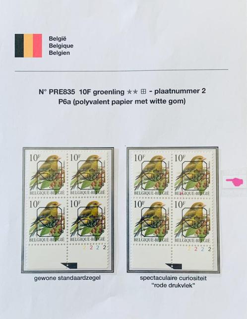 PRE835 groenling - blok van 4 - curiositeit, Postzegels en Munten, Postzegels | Europa | België, Postfris, Frankeerzegel, Overig