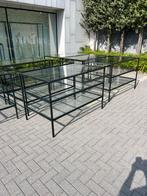 7 hoge displaytafel met glazen bladen – strak en robuust, Antiek en Kunst, Ophalen