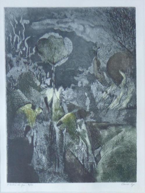 CLAUDE LYR / L'ARBRE DE FEU / KLEURETS / 60x50cm / KADER SIG, Antiek en Kunst, Kunst | Litho's en Zeefdrukken, Ophalen of Verzenden