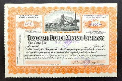 Tonopah Divide Mining Company 1920, Postzegels en Munten, Aandelen en Waardepapieren, Certificaat van aandeel, Voor 1920, Ophalen of Verzenden