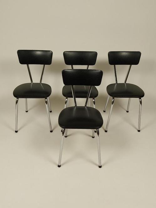 4 x Vintage Stoelen in Skai Leer, Jaren 60 - 80, Huis en Inrichting, Stoelen, Gebruikt, Vier, Leer, Metaal, Zwart, Ophalen
