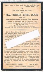 Oorlogsslachtoffer. ° Logie Robert.  Poperinge 1928 † 1940, Enlèvement ou Envoi, Image pieuse