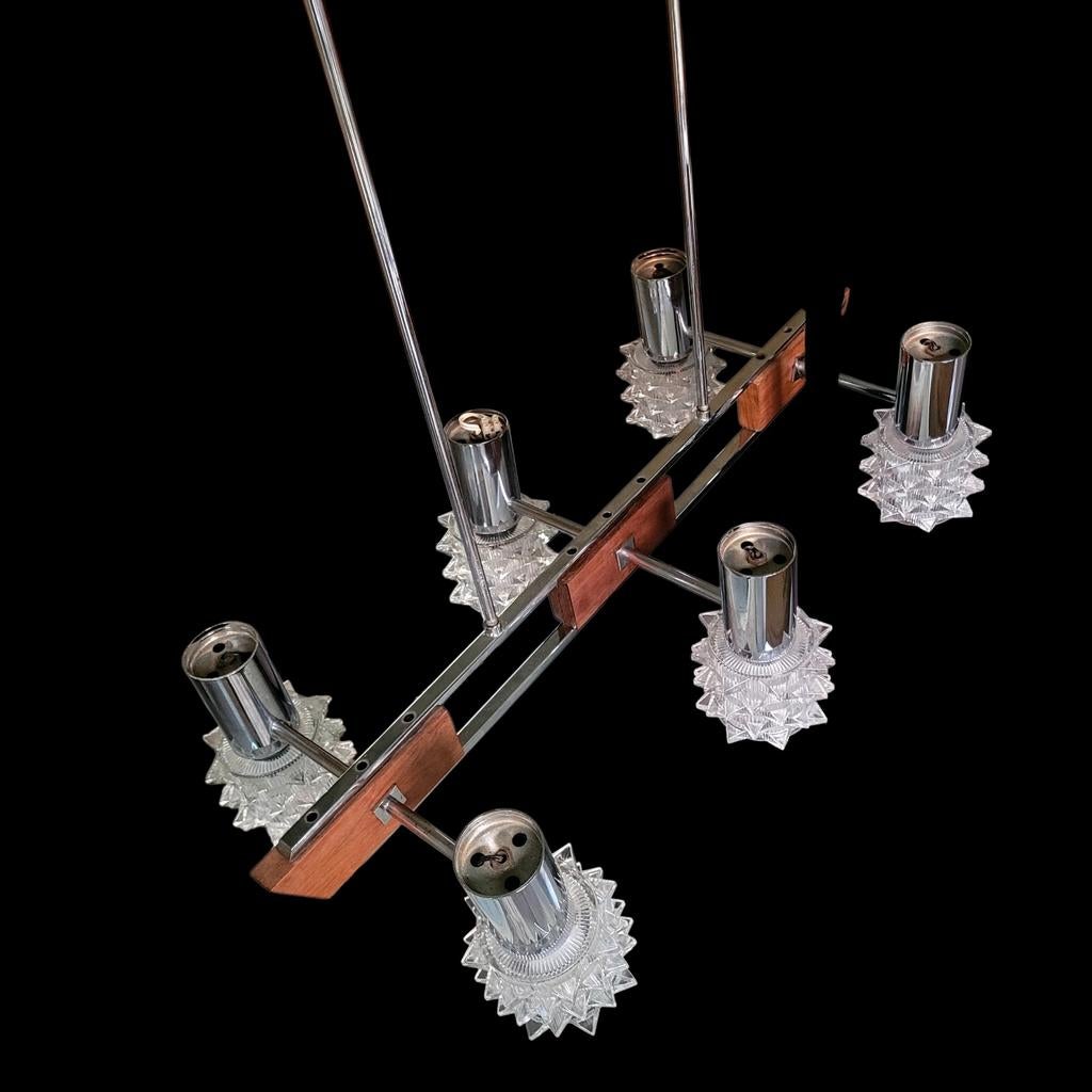 Karaktervolle vintage design luchter in hout chroom en glas, Enlèvement, Verre