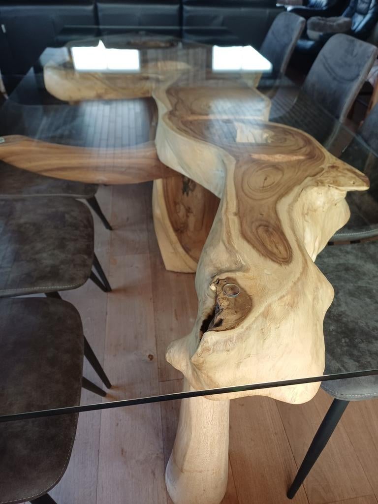 Glazen eettafel met onderdeel boomstam, Maison & Meubles, Tables | Tables de salon, Enlèvement, Comme neuf, Verre