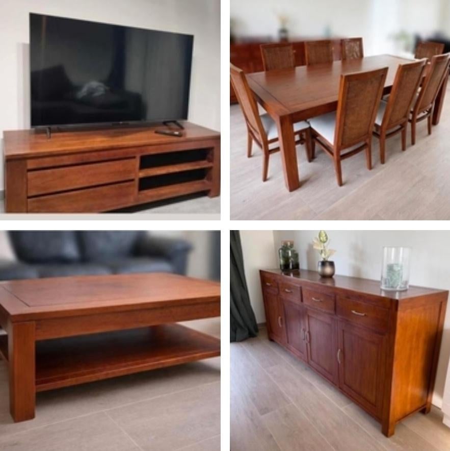 Lot Salle à Manger Complet : Table + 2 Chaises + Buffet + Meuble TV - Bois Marron