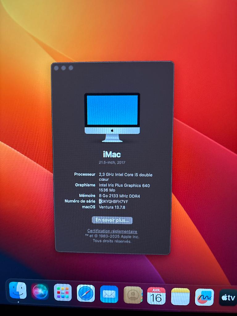 iMac 21,5" 2017 – SSD 256GB – Bon état, Informatique & Logiciels, Apple Desktops, Enlèvement, Utilisé, IMac, SSD