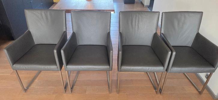 4 leren eetkamerstoelen Tidy van Bert Plantagie, Maison & Meubles, Chaises, Comme neuf, Quatre, Cuir, Métal, Gris, Enlèvement