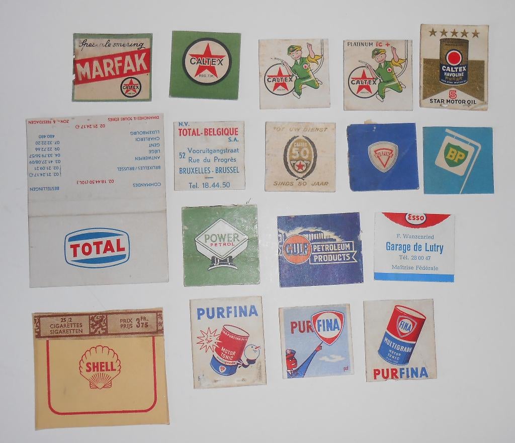 17 Cover van vintage luciferboekjes petroleum oil fuel retro, Ophalen of Verzenden, Gebruikt, Verpakking