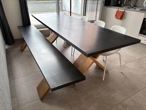 Industriële eettafelset – tafel + bank + 4 Ikea stoelen, Huis en Inrichting, Tafels | Eettafels, Gebruikt, 50 tot 100 cm, 200 cm of meer