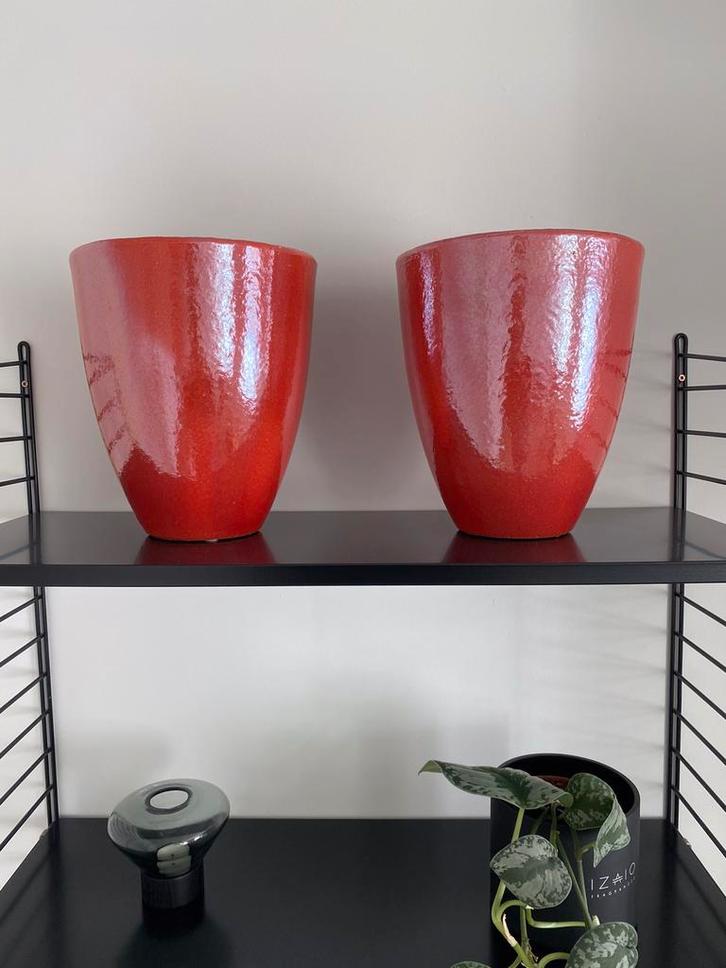 Set van 2 lavarode keramische bloempotten., Jardin & Terrasse, Pots de fleurs, Comme neuf, Enlèvement