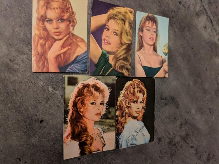 BRIGITTE BARDOT prenten cards chewing gum anno 1959 5x, Hobby en Vrije tijd, Stickers en Plaatjes, Zo goed als nieuw, Verzenden