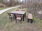 Tuintafel met 4 stoelen en bankje, Tuin en Terras, Ophalen, Kunststof, Gebruikt, Eettafel