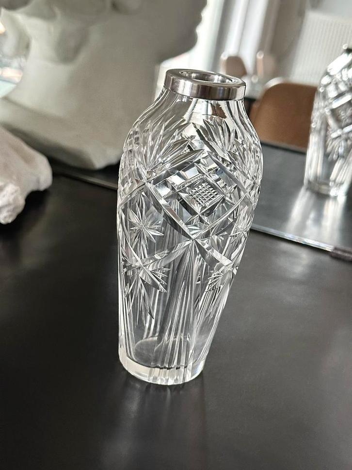 Vase soliflore cristal et argent Val Saint Lambert, Antiek en Kunst, Antiek | Glaswerk en Kristal, Ophalen of Verzenden