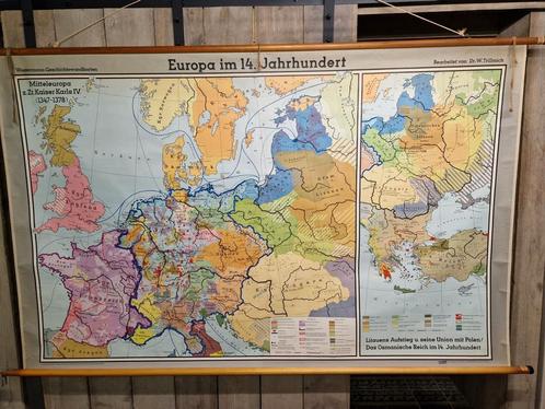 Schoolkaart Europa in de 14de eeuw, Antiek en Kunst, Antiek | Schoolplaten, Ophalen