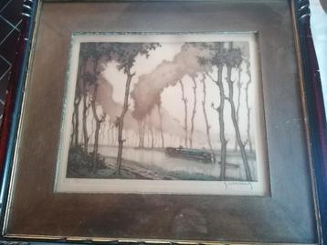 Ingekleurde gravure van  Roger Hebbelinck  Calme du Matin beschikbaar voor biedingen