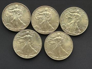 5x 1 oz zilveren munten: American Eagle, Silver Dollar beschikbaar voor biedingen