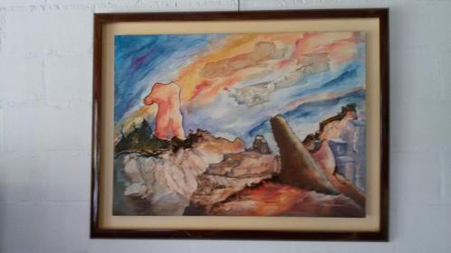 Origineel surrealistisch schilderij. Ingelijst 68 x 88 cm., Antiquités & Art, Art | Peinture | Moderne, Enlèvement ou Envoi