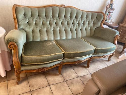 Salon in retro stijl 3zit + 2 X 1zit in lichtgroen fluweel, Huis en Inrichting, Zetels | Complete zithoeken, Gebruikt, Stof, Ophalen