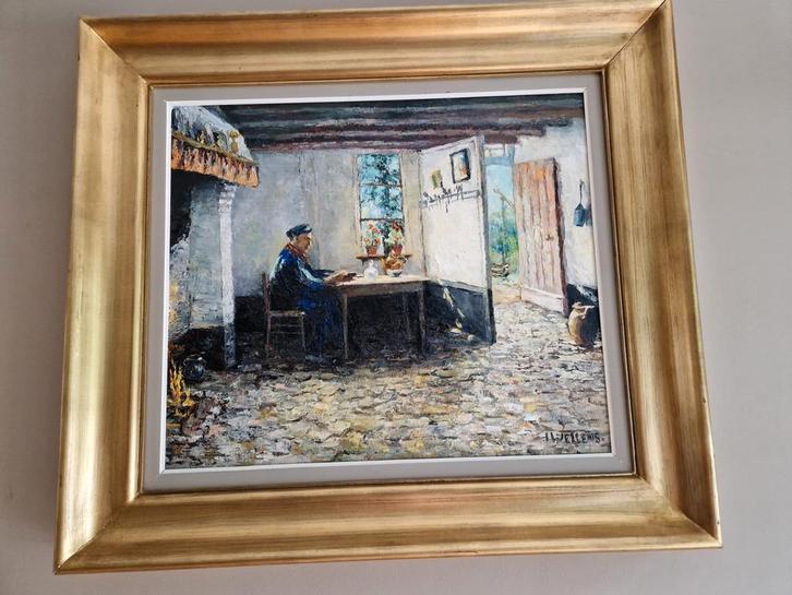 Olie op doek :IRENE WELLENS " kempisch boereninterieur", Antiek en Kunst, Kunst | Schilderijen | Klassiek, Ophalen