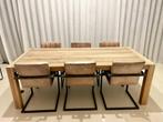 Massief houten tafel + 6 vintage 'Flamant' lederen stoelen, Vijf, Zes of meer stoelen, Gebruikt, Leer, Vintage