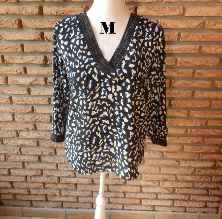 (107)- blouse femme t.38 noir blanc - lolaliza -, Kleding | Dames, Blouses en Tunieken, Zo goed als nieuw, Maat 38/40 (M), Zwart