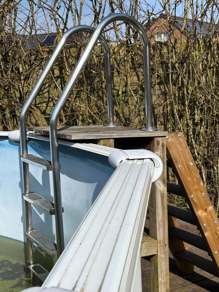 Metalen roestvrije zwembadtrap met houten toren en trap, Tuin en Terras, Zwembad-toebehoren, Gebruikt, Ladder, Ophalen